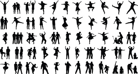 silhouette people collection, dancing jumping standing, diverse poses, lifestyle theme, human movement, social interaction, creative concept, design background, illustration set