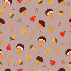 Autumn seamless pattern with mushrooms, yellow and red leaves, and acorns. Cozy fall design for textiles, packaging, and backgrounds.