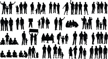silhouette people collection, standing sitting waving, holding hands, with children and signs, diverse poses, lifestyle theme, human interaction, design background illustration
