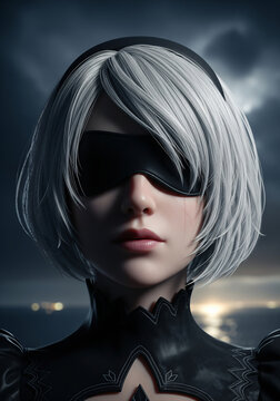An AI-generated, artistic portrait of 2B from the video game Nier: Automata, with her signature blindfold and white bob hair, standing against a cinematic, dramatic sky.