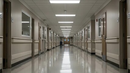 Bright, clean, and empty corridor in a modern hospital or medical clinic. Concept of healthcare, hygiene, and medical facilities. Long perspective view with a sterile environment.

 - Powered by Adobe