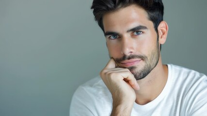 Close-up portrait of a man thoughtfully scratching his chin
