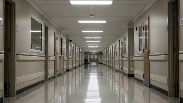 Bright, clean, and empty corridor in a modern hospital or medical clinic. Concept of healthcare, hygiene, and medical facilities. Long perspective view with a sterile environment.

