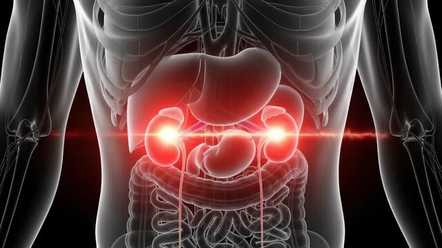 3D medical illustration showing a transparent human body with kidneys highlighted in red. Concept for kidney disease, pain, infection, urology, nephrology, and human anatomy.

