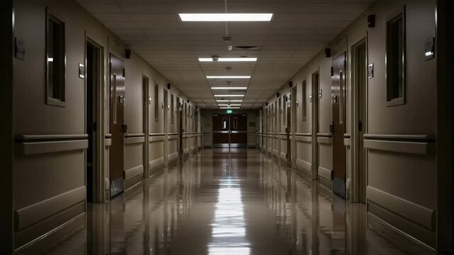 Dark and eerie empty hospital corridor at night. Spooky and mysterious hallway perfect for horror or thriller concepts, representing fear, abandonment, or mental health issues.

