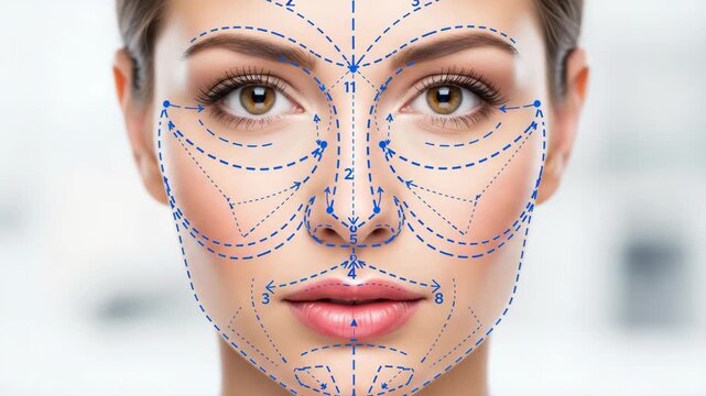 Beautiful woman's face with dotted surgical lines for plastic surgery. Concept of facelift, cosmetic procedures, anti-aging treatment, and modern aesthetic medicine or cosmetology.

