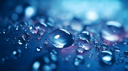 Vibrant droplets of water glistening on a reflective surface in cool tones