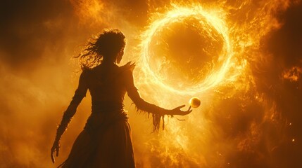 In striking display Lilith stands illuminated against backdrop of swirling flames and cosmic energy gracefully holding glowing sphere. scene radiates mystical energy.