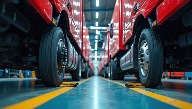 Red trucks lifted for service in bright, modern garage. Focus on undercarriage, wheels, showing suspension, tire details. Scene captures routine vehicle maintenance, automotive industry operational