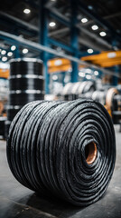 Fototapeta premium Heavy steel wire rope coiled on a drum in a busy workshop environment, conveying strength, durability, and material readiness for construction, lifting, and industrial safety applications. 