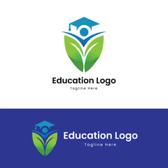 Education Logo Student Growth with Graduation Cap and Green Leaves for School College and University