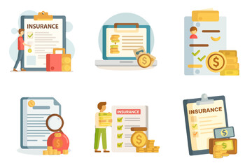 Insurance concept illustrations showcasing financial security, policy planning, and secure investments for business or personal use