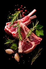 Slices of tender lamb chops are carefully arranged with fresh rosemary, parsley, garlic cloves, and vibrant peppercorns, highlighting their freshness and ideal preparation for cooking
