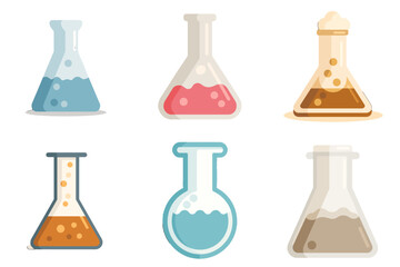 Colorful lab flasks with various liquids and chemical reactions, perfect for science, research, and educational projects