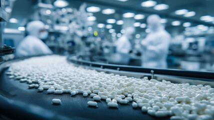Obraz premium Pharmaceutical tablets moving along a curved conveyor inside a sterile clean room. The image conveys precision manufacturing, regulatory compliance