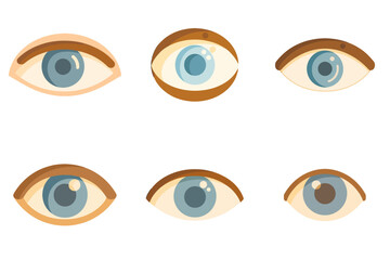 Various eye expressions and emotions in flat style design, perfect for illustrating feelings, vision, and perception visually