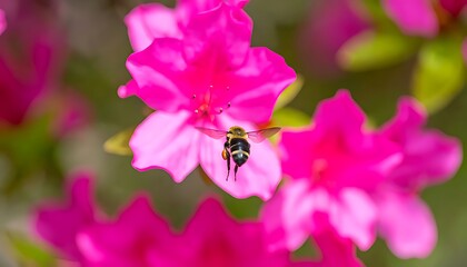 Close-up of a bee hovering over a vibrant pink azalea flower.