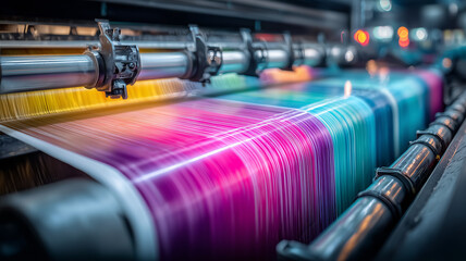 Brilliantly colored fabric streaming through a high speed printing line, rollers saturating threads with precise gradients and clarity. The scene symbolizes innovation in textile manufacturing