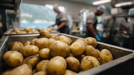 Freshly harvested potatoes piled in bins within a professional kitchen, chefs working in soft focus behind the produce. This view illustrates farm to kitchen logistics, mise en place discipline
