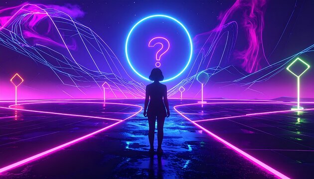 A silhouette figure stands at a neon crossroads, pondering a glowing question mark in a futuristic landscape.