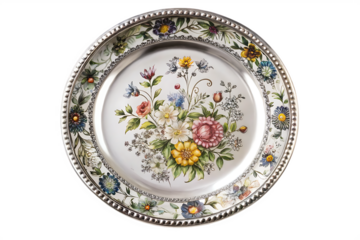  silver plate with a floral design sits    isolated on white background PNG,AI GENERATED