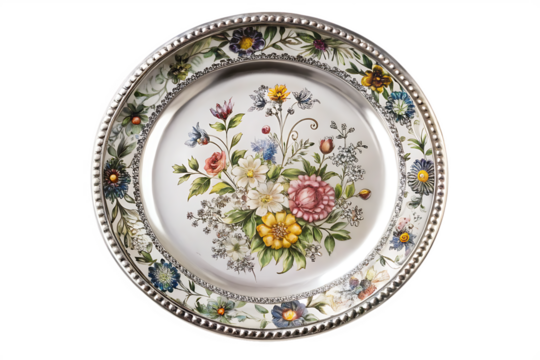  silver plate with a floral design sits    isolated on white background PNG,AI GENERATED