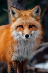 This red fox, with its vibrant fur and keen eyes, stands amidst the trees in a forest setting, showcasing its natural beauty under the warm sunlight