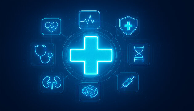 Glowing blue medical cross with surrounding healthcare icons on dark background representing medicine health services and modern medical technology concepts