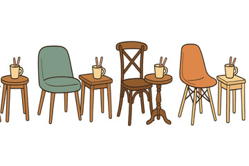 A row of vibrant chairs and tables are displayed showcasing a diverse range of seating options in vector format