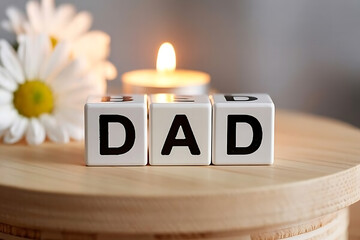 Dad spelled with blocks on a wooden surface with flowers and a candle in the background light