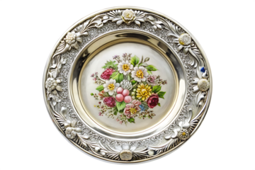  silver plate with a floral design sits    isolated on white background PNG,AI GENERATED
