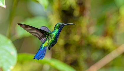 Obraz premium Vibrant hummingbird in flight amidst lush foliage.
