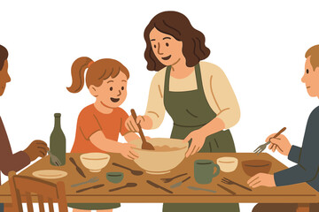 Fototapeta premium Mother and daughters engage in culinary learning through collaborative cooking activities in their family kitchen at home
