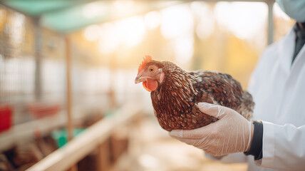 Veterinarian holding a hen at a poultry farm during a health inspection, symbolizing bioprotection, traceability, and responsible production.

