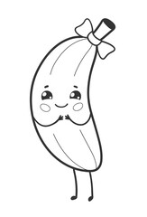Vector illustration of a smiling banana fruit character in black and white line art with bow and blushing cheeks.