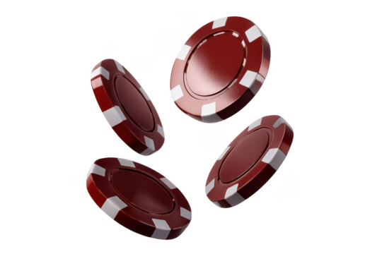 Red casino chips falling on transparent background