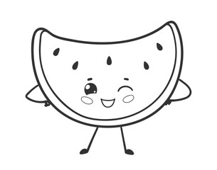 Vector illustration of a cute watermelon fruit slice character in black and white line art with seeds and winking face.
