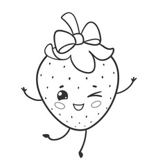 Vector illustration of a cute strawberry fruit character in black and white line art with bow and winking face.