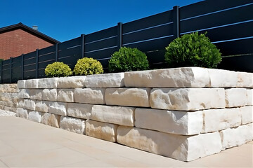 A stone retaining wall with green bushes and a dark fence under a clear blue sky in a sunny day