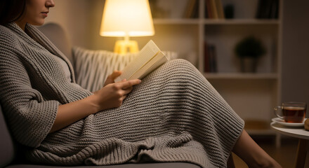 A woman reading a book on a couch with a lamp and a cup of tea on a table in a cozy setting