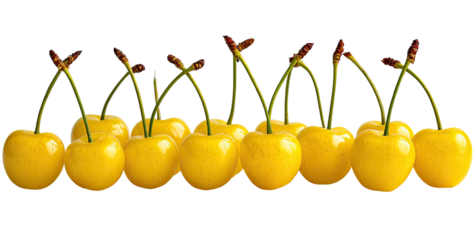 A horizontal row of  yellow cherries