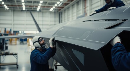 Closeup view of stealth fighters smooth radarabsorbing fuselage panels being fitted carefully by skilled technicians in an assembly hangar.
