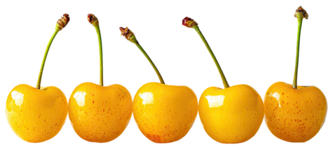 Five yellow cherries in a row against a black background.  Each cherry has a stem and a slightly glossy, vibrant yellow skin with subtle red speckles