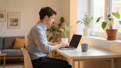 Professional man working from home on laptop in bright modern room with plants and coffee mug on desk