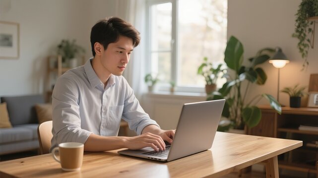 Focused young professional working remotely from home on laptop with coffee during the day