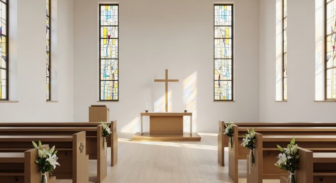 Modern Minimalist Church Interior with Stained Glass Windows and Floral Decorations
