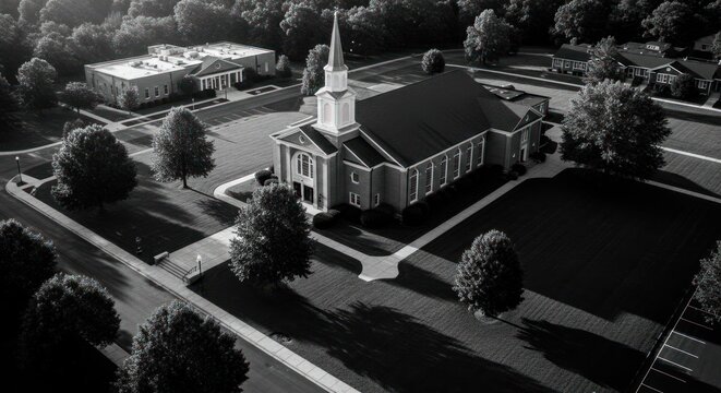 Aerial Black and White View of Historic Church Surrounded by Trees
