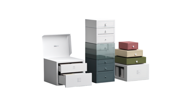 Stacked white and colored drawers, minimalist design