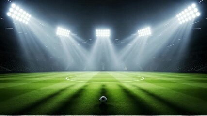 Dramatic view of a soccer ball on a green field in an empty stadium under bright spotlights at night. Epic concept of championship, ambition, and the decisive moment of a game.

 - Powered by Adobe