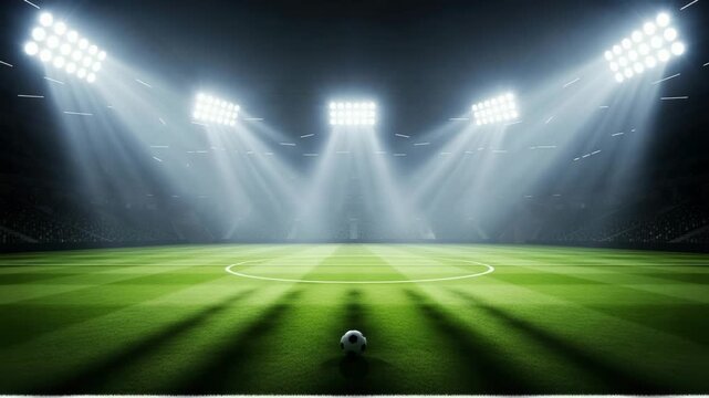 Dramatic view of a soccer ball on a green field in an empty stadium under bright spotlights at night. Epic concept of championship, ambition, and the decisive moment of a game.


